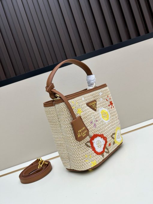 Prada Embroidered Floral Raffia Shoulder Bag In Brown - Image 8