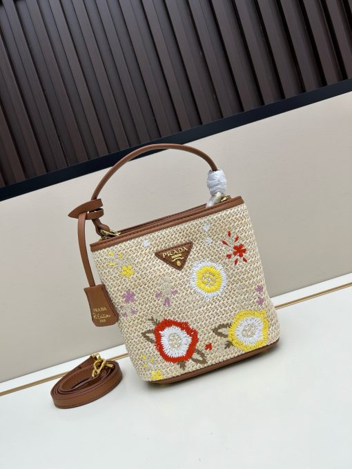 Prada Embroidered Floral Raffia Shoulder Bag In Brown - Image 9
