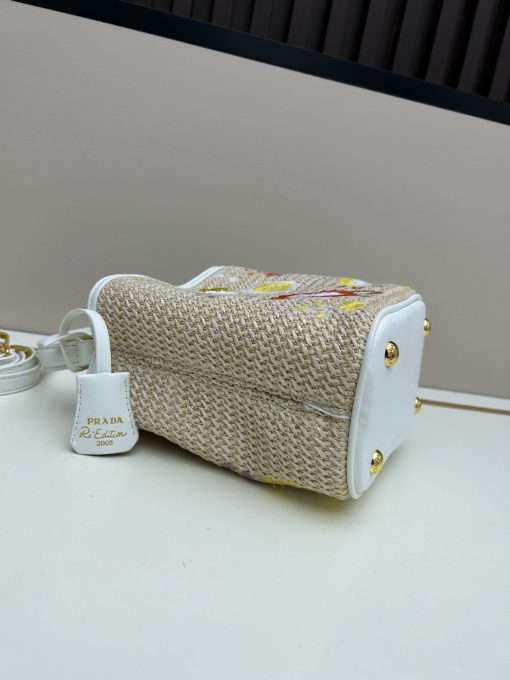 Prada Embroidered Floral Raffia Shoulder Bag In White - Image 5