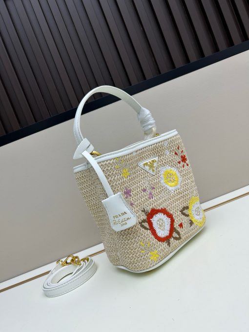 Prada Embroidered Floral Raffia Shoulder Bag In White - Image 8