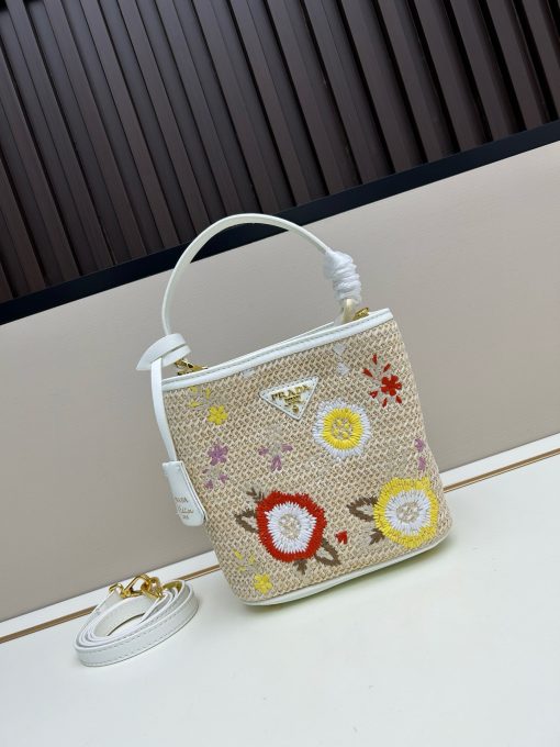 Prada Embroidered Floral Raffia Shoulder Bag In White - Image 9