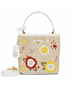 Prada Embroidered Floral Raffia Shoulder Bag In White