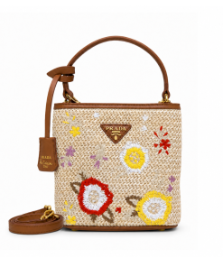 Prada Embroidered Floral Raffia Shoulder Bag In Brown