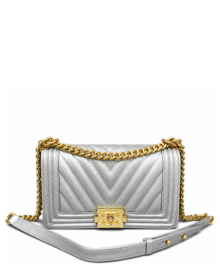 Chanel Medium Boy Bag Silver Chevron Caviar Gold Hardware