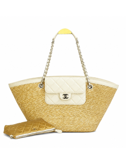Chanel Large Shopping Tote Bag Beige Raffia And White Lambskin Light Gold Hardware