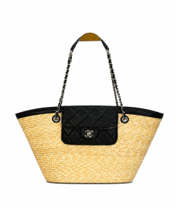 Chanel Large Shopping Tote Bag Beige Raffia and Black Lambskin Light Gold Hardware