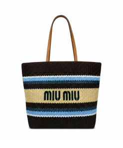 Miu Miu Raffia Effect Crochet Large Woven Tote Cocoa Brown Celeste Natural