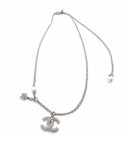 Chanel Crystal CC Star And Pearl Necklace In Silver