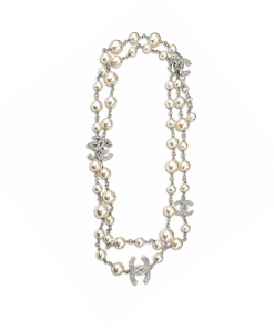 Chanel Crystal CC And Graduated Pearl Sautoir Necklace – Silver-Tone