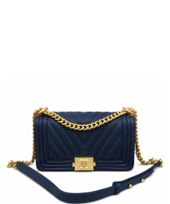 Chanel Medium Boy Bag Navy Chevron Caviar Gold Hardware