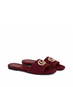Gucci Classic Monogram Canvas Single-Strap Slide Sandals in Burgundy
