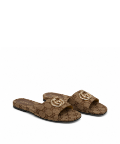 Gucci Classic Monogram Canvas Single-Strap Slide Sandals In Brown