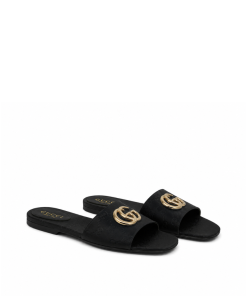 Gucci Classic Monogram Canvas Single-Strap Slide Sandals In Black