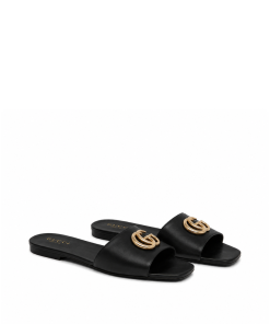 Gucci Double G Slide Sandals In Black Nappa Leather
