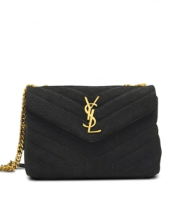 Saint Laurent Suede Calfskin Y Quilted Monogram Small Loulou Chain Satchel Black