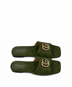 Gucci Classic Monogram Canvas Single-Strap Slide Sandals In Green