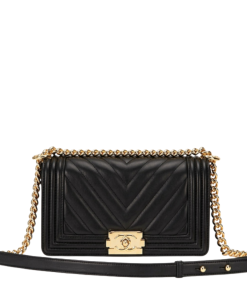 Chanel Medium Boy Bag Black Chevron Caviar Light Gold Hardware