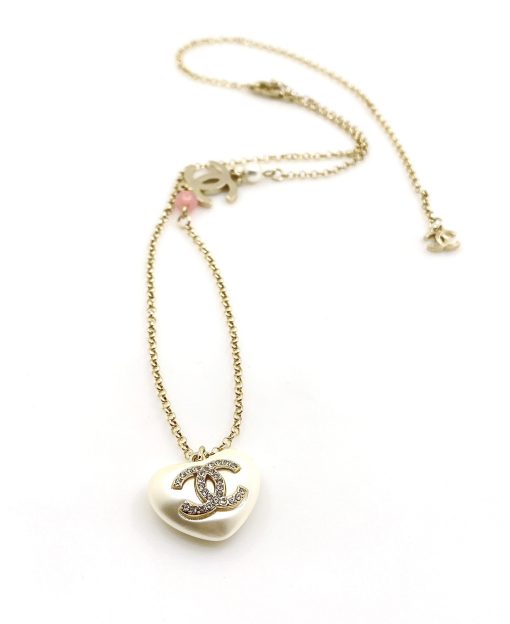 Chanel Gold-Tone CC Heart Resin Pearl Necklace - Image 2