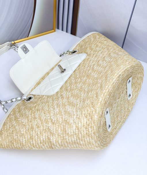 Chanel Large Shopping Tote Bag Beige Raffia And White Lambskin Light Gold Hardware - Image 5