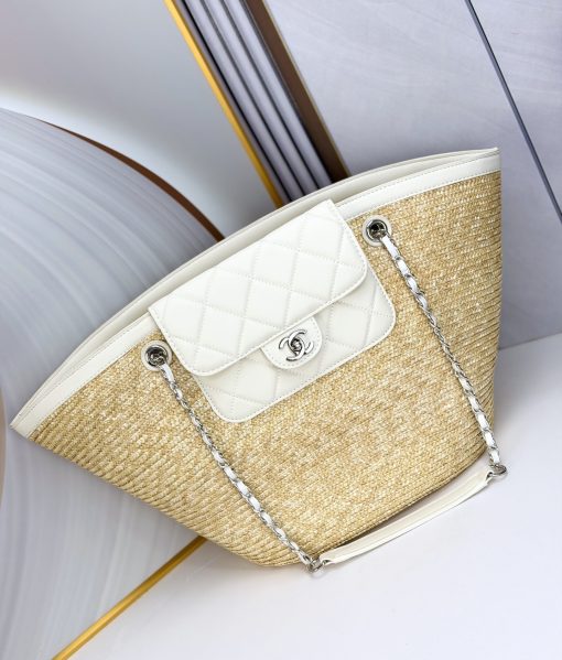 Chanel Large Shopping Tote Bag Beige Raffia And White Lambskin Light Gold Hardware - Image 6
