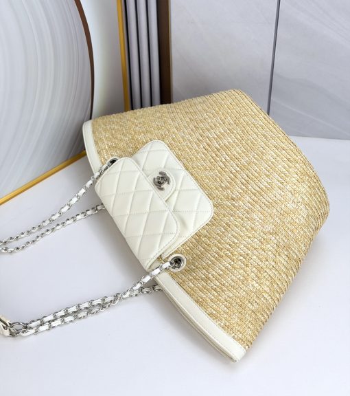 Chanel Large Shopping Tote Bag Beige Raffia And White Lambskin Light Gold Hardware - Image 7