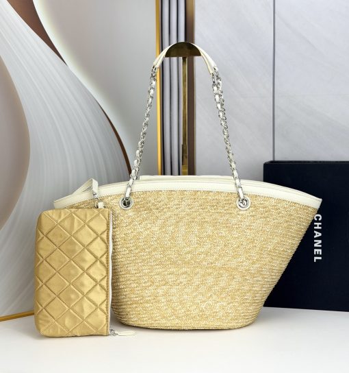 Chanel Large Shopping Tote Bag Beige Raffia And White Lambskin Light Gold Hardware - Image 8