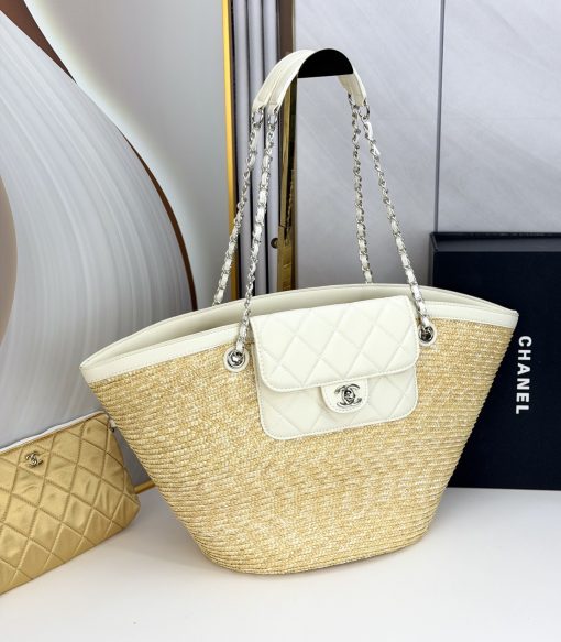 Chanel Large Shopping Tote Bag Beige Raffia And White Lambskin Light Gold Hardware - Image 9