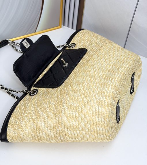 Chanel Large Shopping Tote Bag Beige Raffia and Black Lambskin Light Gold Hardware - Image 5
