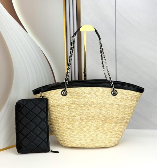 Chanel Large Shopping Tote Bag Beige Raffia and Black Lambskin Light Gold Hardware - Image 8