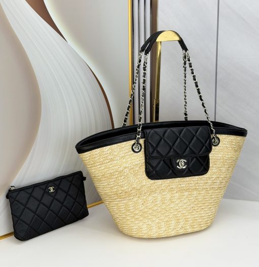 Chanel Large Shopping Tote Bag Beige Raffia and Black Lambskin Light Gold Hardware - Image 9