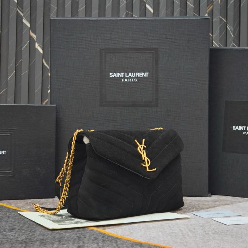 Saint Laurent Suede Calfskin Y Quilted Monogram Small Loulou Chain Satchel Black - Image 10