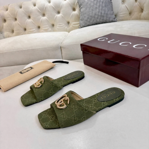 Gucci Classic Monogram Canvas Single-Strap Slide Sandals In Green - Image 2