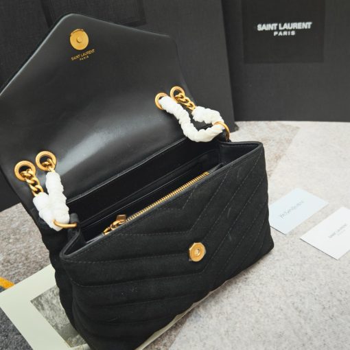 Saint Laurent Suede Calfskin Y Quilted Monogram Small Loulou Chain Satchel Black - Image 9