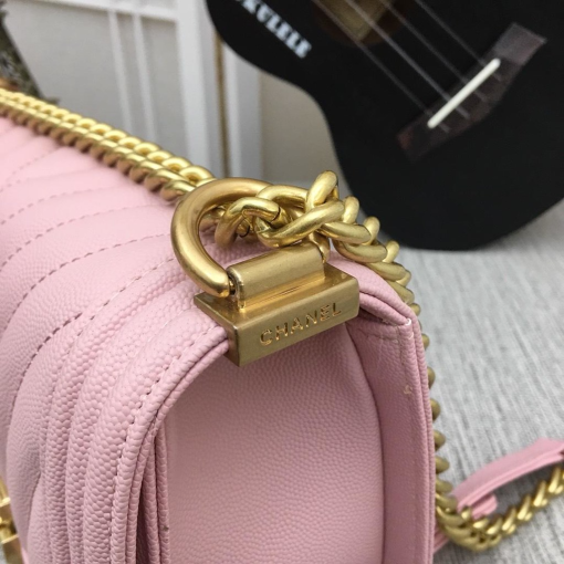 Chanel Medium Boy Bag Pink Chevron Caviar Gold Hardware - Image 9