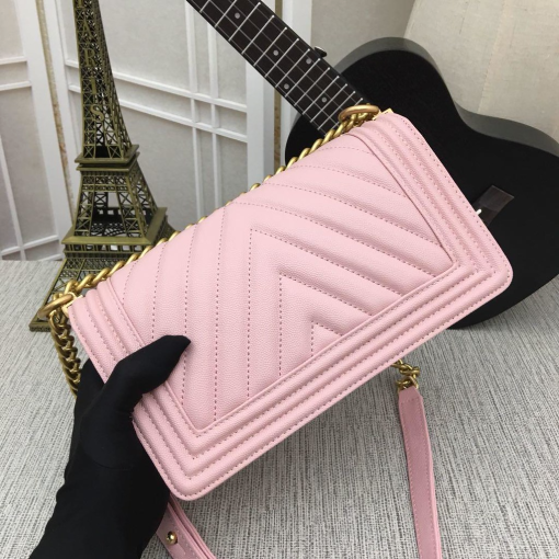 Chanel Medium Boy Bag Pink Chevron Caviar Gold Hardware - Image 3