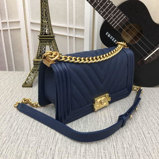 Chanel Medium Boy Bag Navy Chevron Caviar Gold Hardware - Image 3