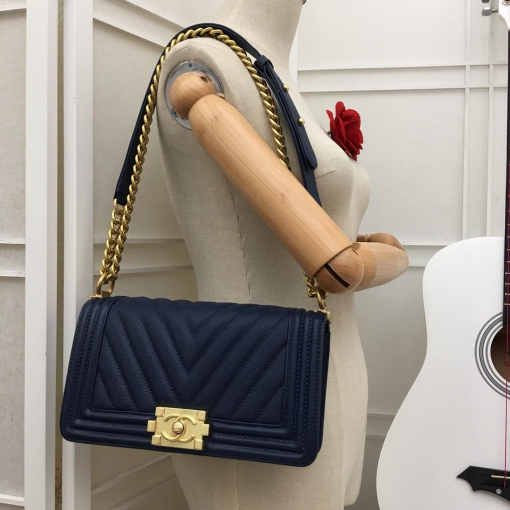 Chanel Medium Boy Bag Navy Chevron Caviar Gold Hardware - Image 8