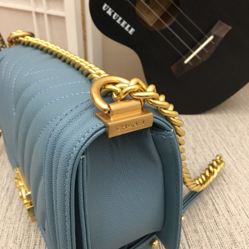 Chanel Medium Boy Bag Blue Chevron Caviar Gold Hardware - Image 2