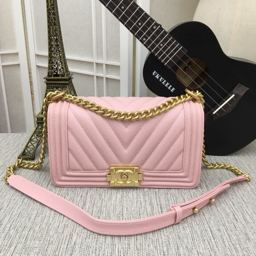 Chanel Medium Boy Bag Pink Chevron Caviar Gold Hardware - Image 2