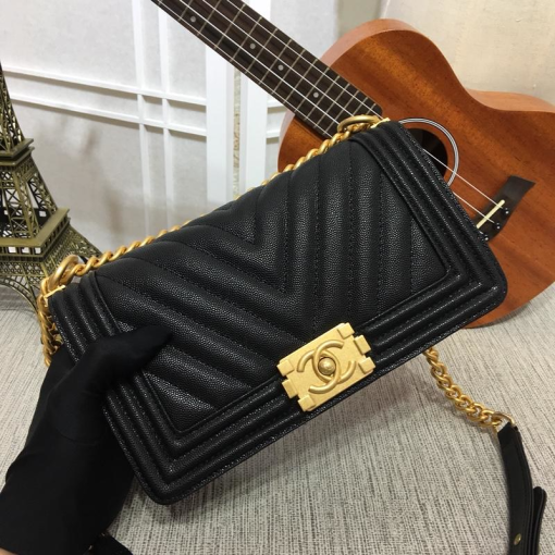 Chanel Medium Boy Bag Black Chevron Caviar Light Gold Hardware - Image 8