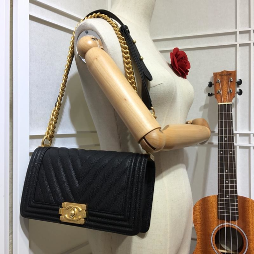 Chanel Medium Boy Bag Black Chevron Caviar Light Gold Hardware - Image 7