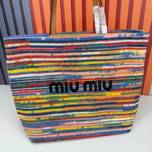 Miu Miu Cotton Crochet Stripe Tote Bag Multicolor - Image 4