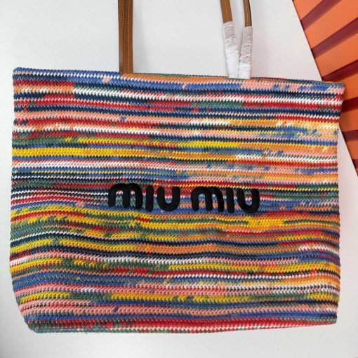 Miu Miu Cotton Crochet Stripe Tote Bag Multicolor - Image 6