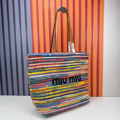 Miu Miu Cotton Crochet Stripe Tote Bag Multicolor - Image 9