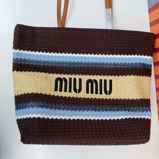 Miu Miu Raffia Effect Crochet Large Woven Tote Cocoa Brown Celeste Natural - Image 6
