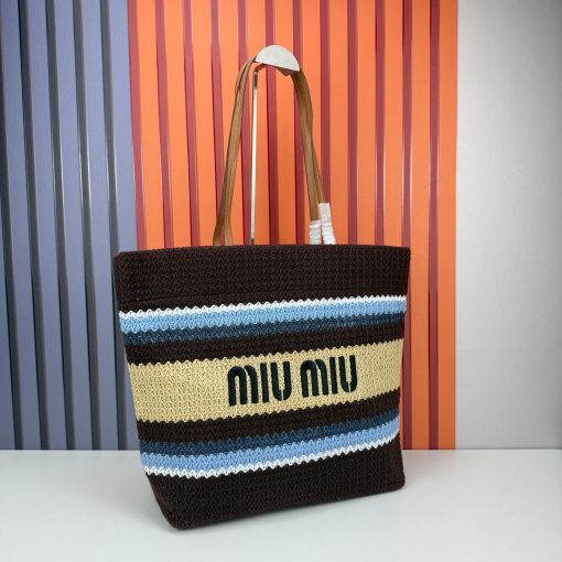 Miu Miu Raffia Effect Crochet Large Woven Tote Cocoa Brown Celeste Natural - Image 9
