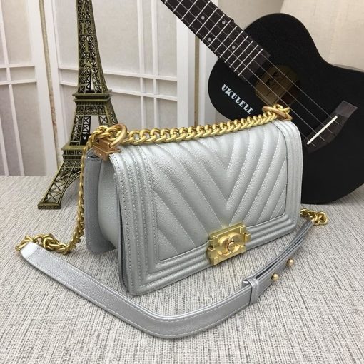 Chanel Medium Boy Bag Silver Chevron Caviar Gold Hardware - Image 4