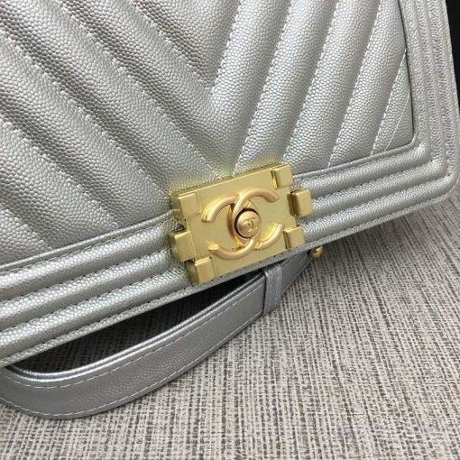 Chanel Medium Boy Bag Silver Chevron Caviar Gold Hardware - Image 6