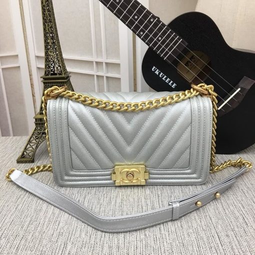 Chanel Medium Boy Bag Silver Chevron Caviar Gold Hardware - Image 8
