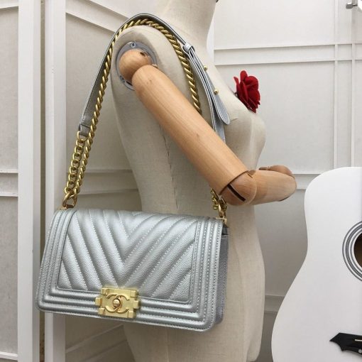 Chanel Medium Boy Bag Silver Chevron Caviar Gold Hardware - Image 9